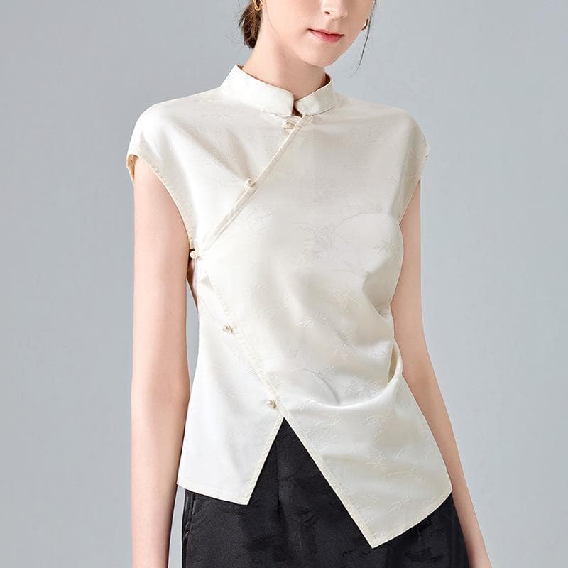 New Chinese Stand-up Collar Shirt for Women New Women's Irregular Hem Retro Slanted Button Waist Top M