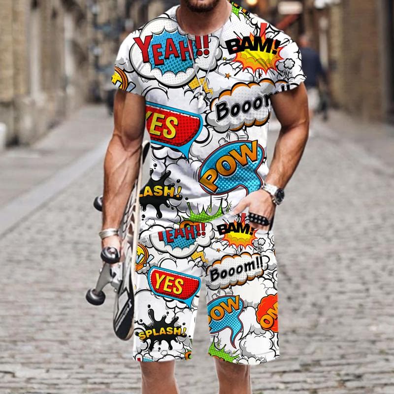 Summer Men's T-Shirt Set Hip Hop Funny Short Sleeve T-Shirt Shorts 2-piece Tracksuit Colorful Casual Sports Suit Unisex Clothing M
