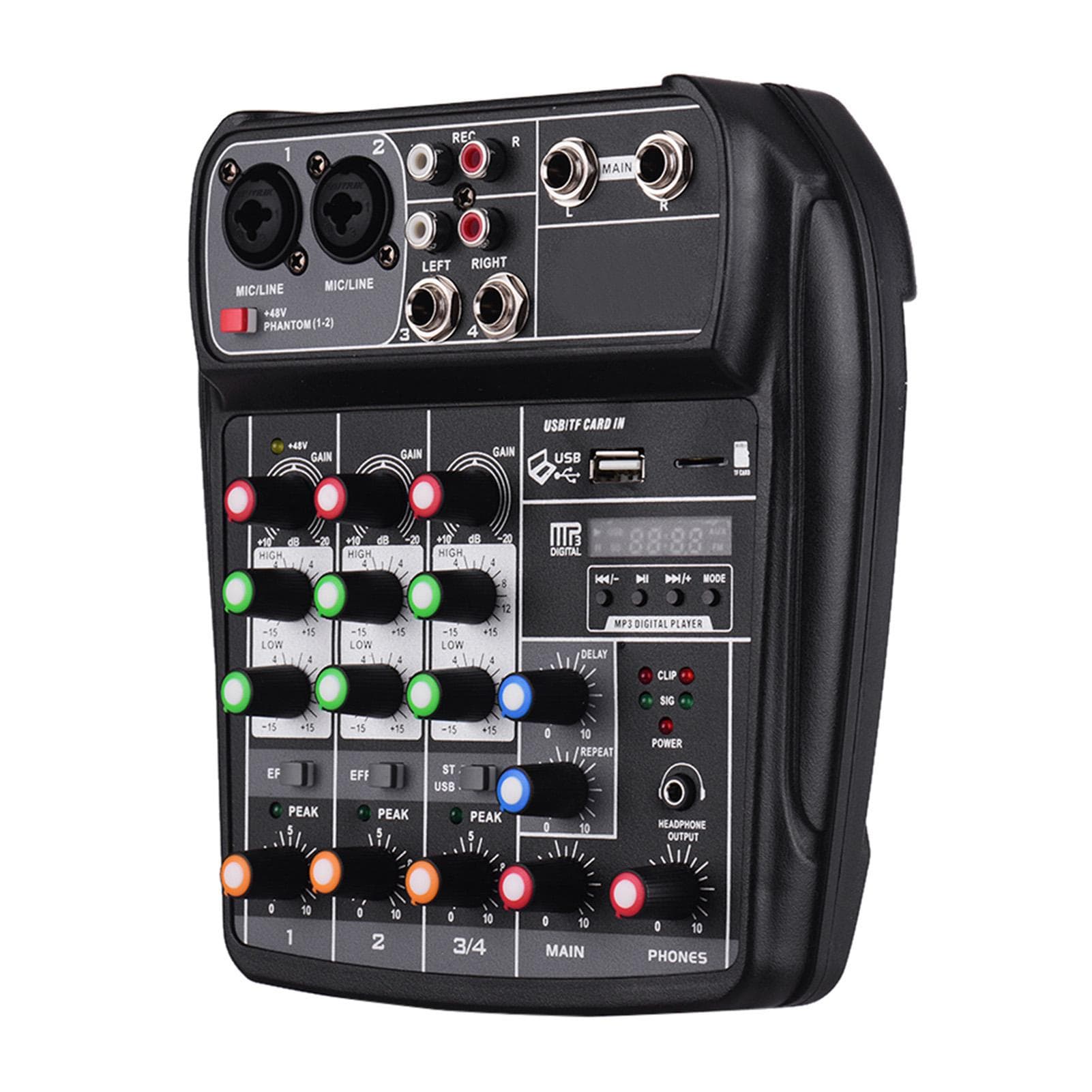AI4 Compact Mixing Console Digital Audio Mixer 4Channel BT MP3 USB Input +48V Phantom Power for Music Recording DJ Network Live Broadcast Karaoke US Plug black