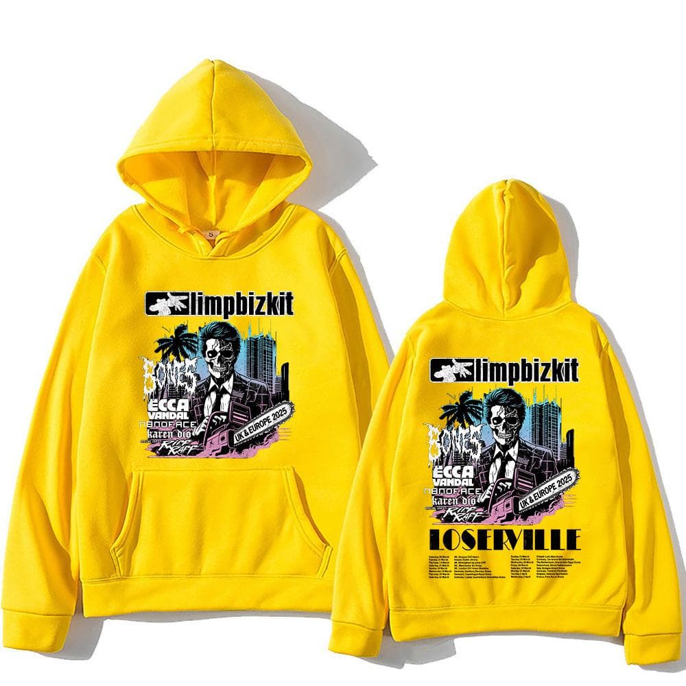 Limp Bizkit Pullovers UK and Europe Tour Graphic Printing Sweatshirts Men Women Oversized Clothing High Street Casual Pullovers XXXL yellow