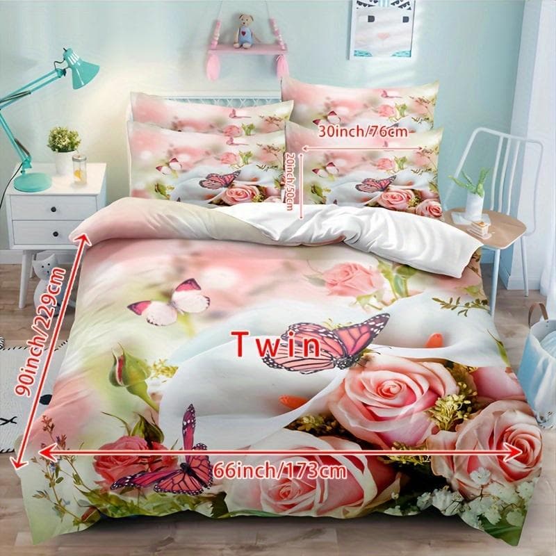 3pcs Duvet Cover Set, Rose Flower Butterfly Printed Bedding Set, Soft Comfortable Breathable Duvet Cover With Pillowcase Eu Single135x200cm