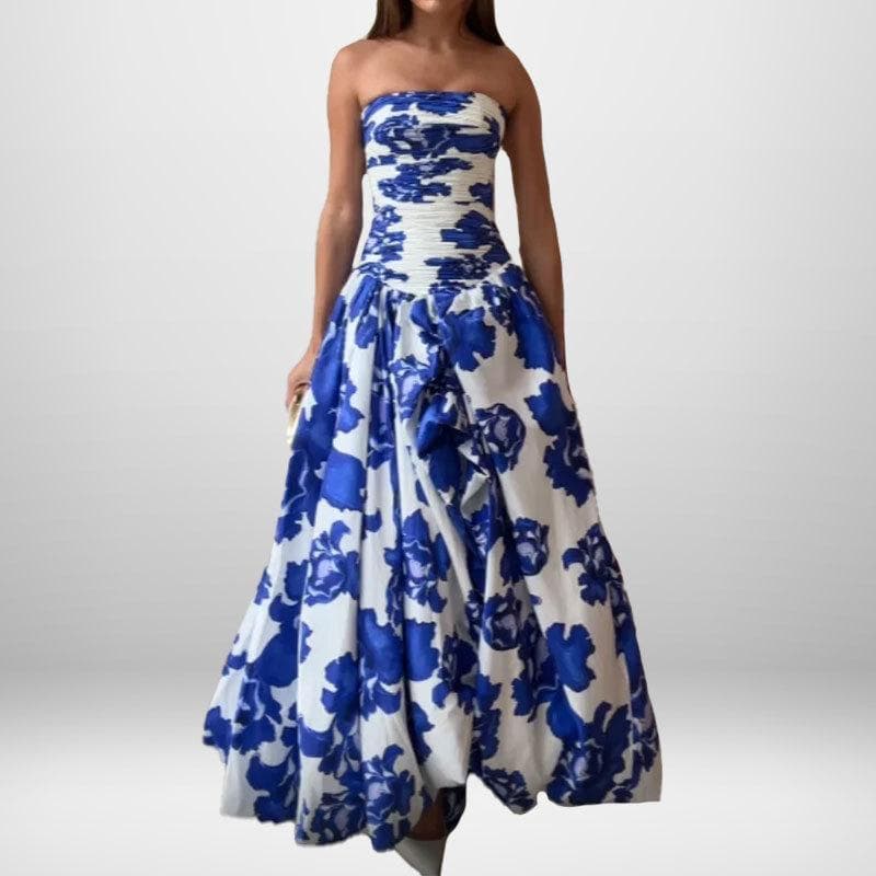 New Women's Elegant Printed Blue Dress Strapback Dress 3XL