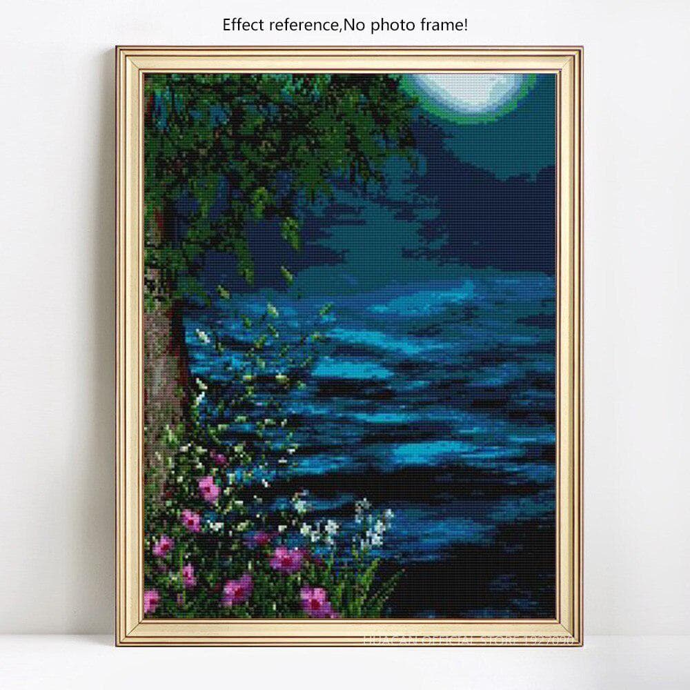 5D Diamond Painting Lake Night Full DisplayDiamond Embroidery Full Round Rhinestones Cross Stitch 20X30CM