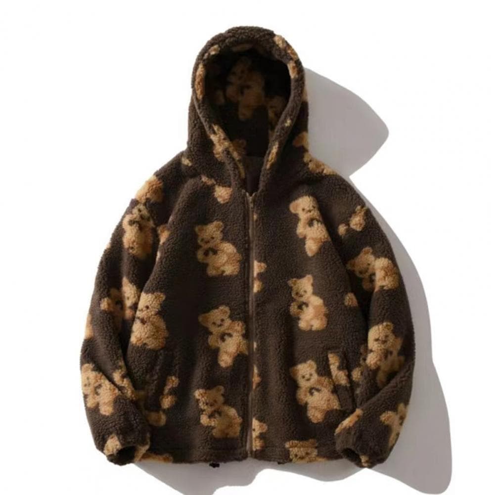Women Autumn Winter Fleece Hooded Jacket with Drawstring Long Sleeve Pockets Zipper Placket Plush Sweatshirt Coat Heart Bear Pri S coffee