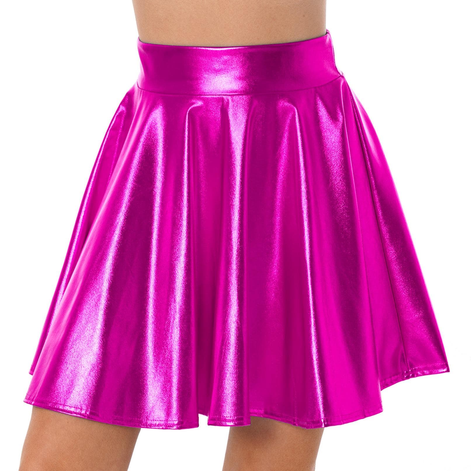 Women's Glossy High Waist Flare Skirt Shiny Metallic Ruffle Costume Party Dancewear M hot pink