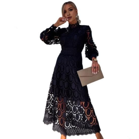 Women Dress Hollow Out Lace Stand Collar Bubble Sleeve Tight Waist See-through Double-layer Ankle Length Solid Color OL Commute Maxi Dress L black