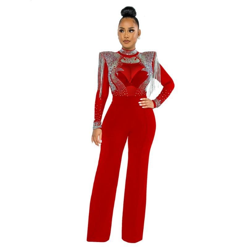 Women's Fashion Sexy Casual Slim High Neck See-through Hot Diamond Tassel Models Jumpsuit Women S red