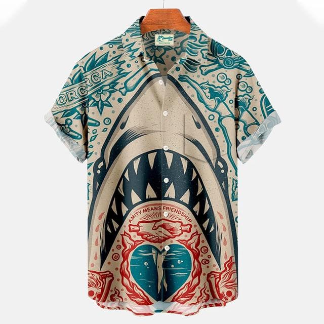 New Men's Shirts 3D Animal Print Clothes Fashion Button Short Sleeve Lapel Streetwear Shirt for Men Hawaiian Shark Blouse Tshirt M