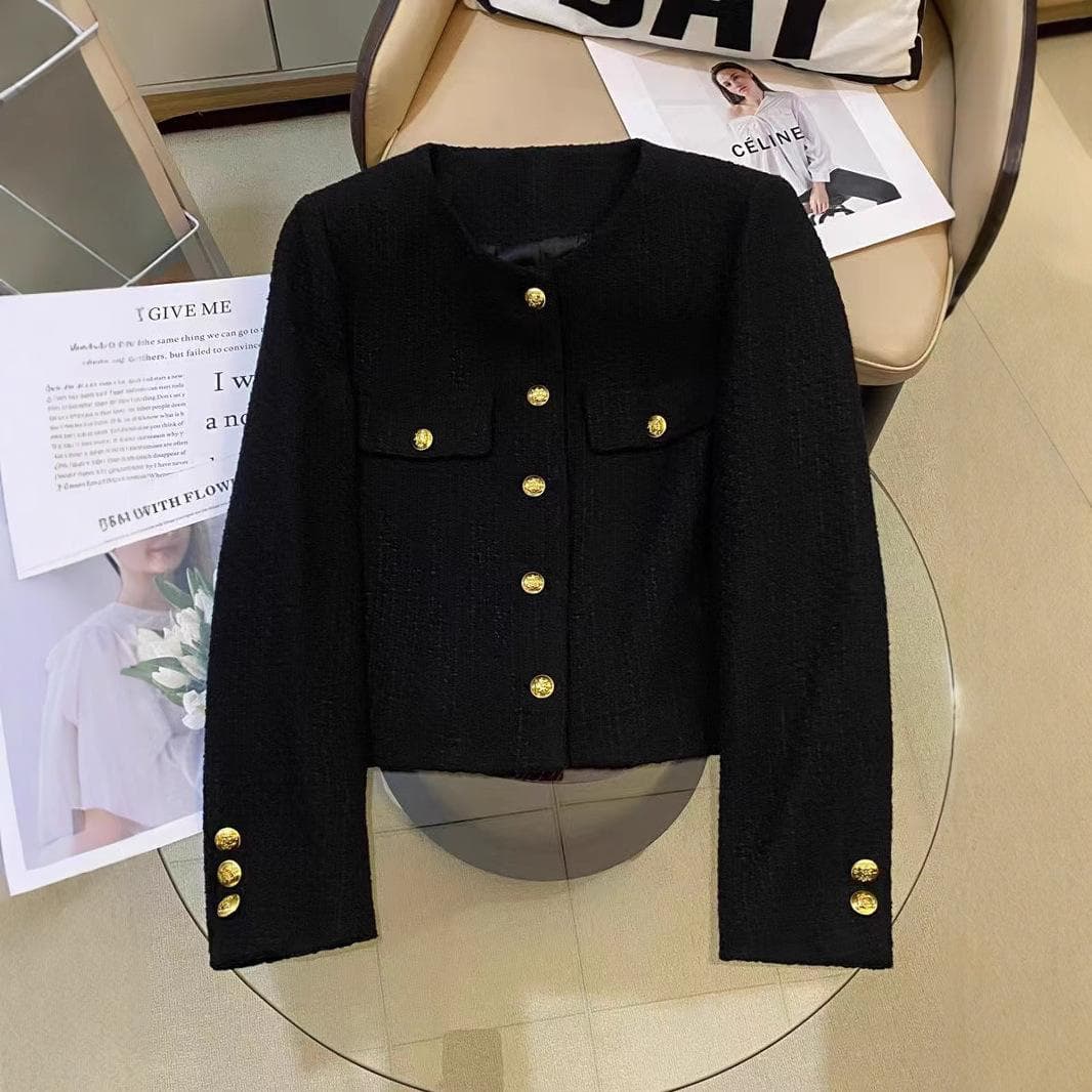 French Tweed Velvet Black Top In Winter Korean Style Thickened Short Small Fragrance Jacket for Women M black