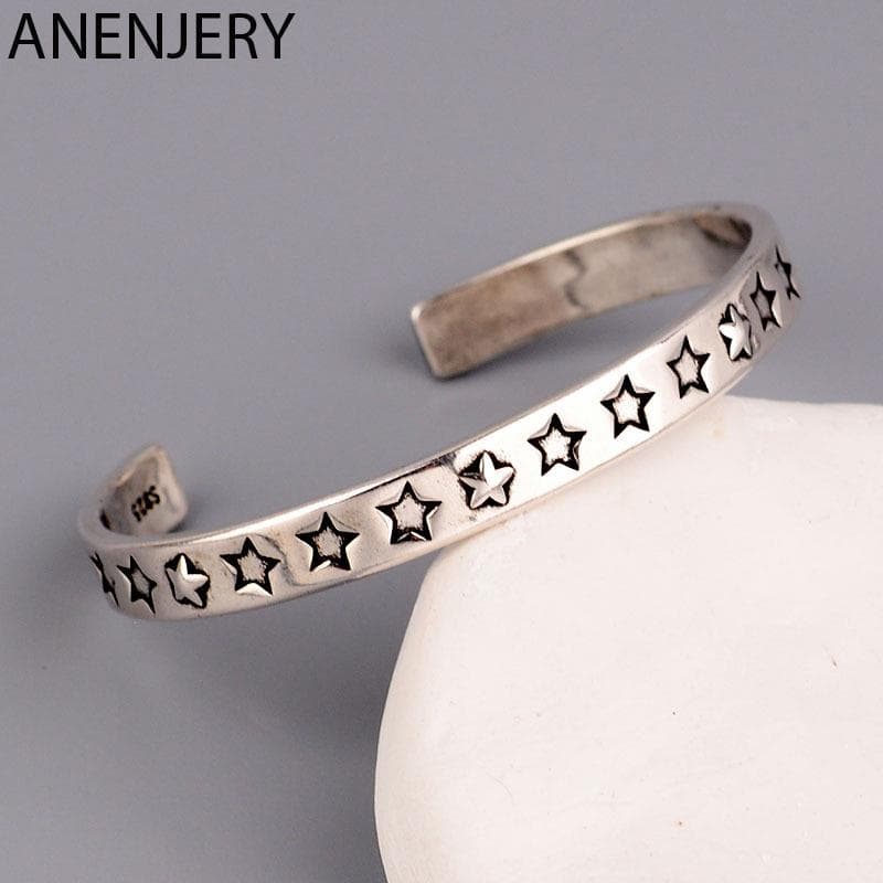 ANENJERY Star Pattern Bracelet Bangles For Women Men Simple Classic Retro Popular Thai Silver Jewelry