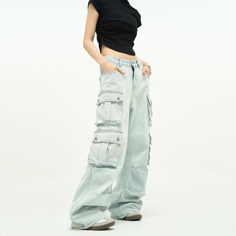 Multi-pocket Jeans Men's Autumn New American Niche Retro Wide-leg Work Trousers XXL blue