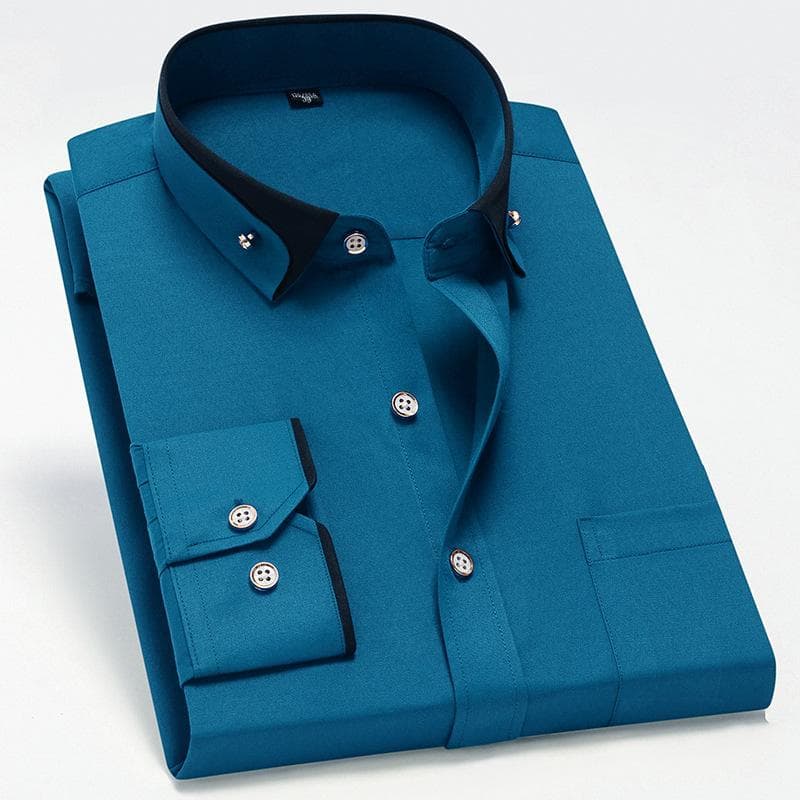 Spring Autumn Men's Contrast Collar Elastic Long Sleeve Shirt Business Leisure Comfortable Non Iron Shirt Youth Solid Color Top 39 green/blue