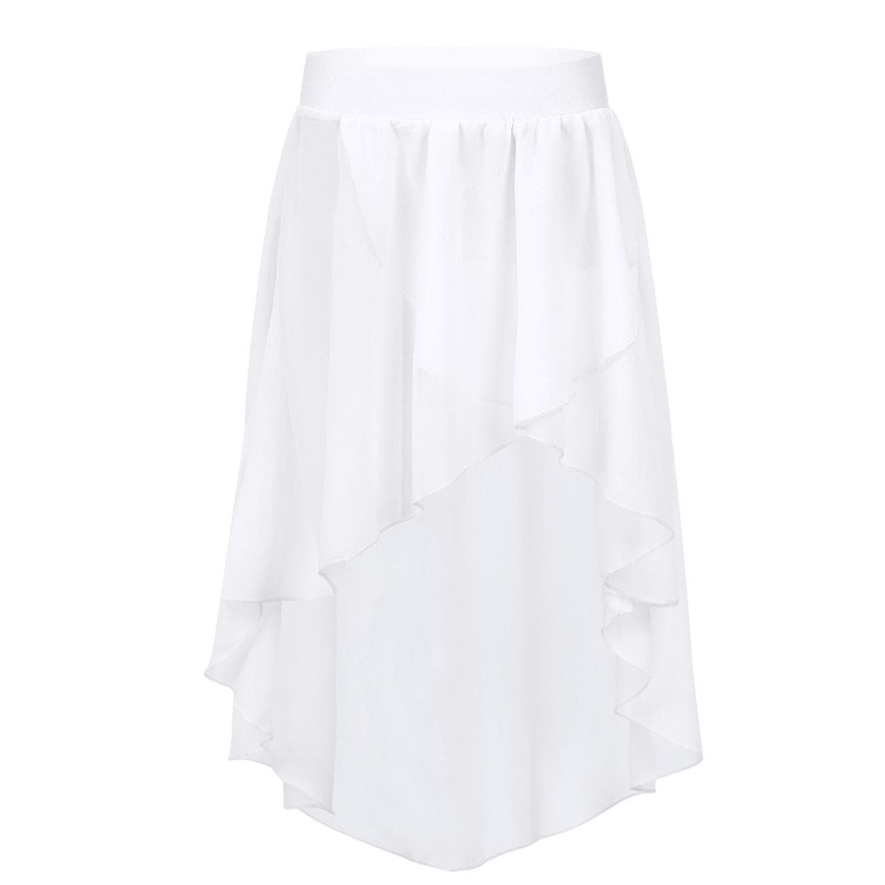 Girls High-Low Ballet Wrap Skirt Elastic Sheer Chiffon Side-Dip Asymmetrical Tutu Studio Practice Performance Costume 11-12 Years white