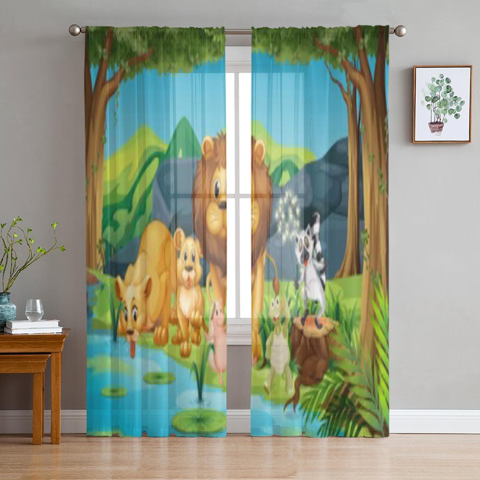 Wild Animals Living By The River Sheer Curtains for Living Room Transparent Tulle Window Curtain Bedroom Kitchen Veil Drapes 135W x 114H(cm)