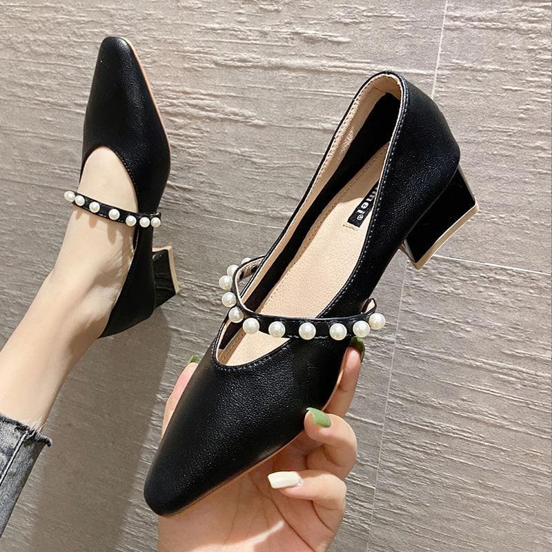 Real Leather Mary Jane Shoes Fairy Style Pearl Square Toe Single Shoes Chunky Heel French Retro Fashion Women's Shoes 40