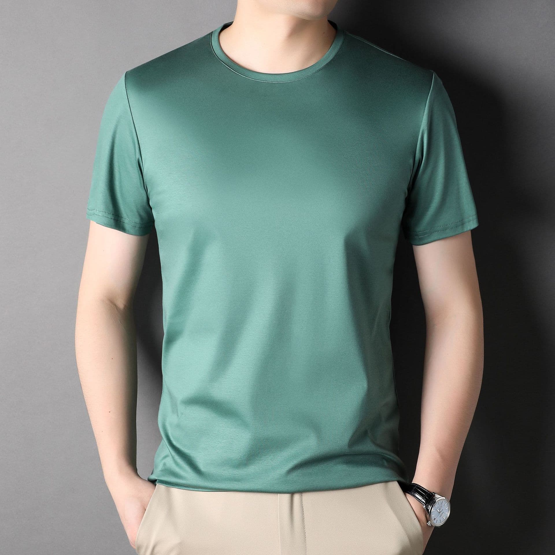 Mulberry Silk Men's Short-sleeved T-shirt Men's Summer New Round Neck Ice Silk Clothes Silk Trendy Men's Short-sleeved Tops 2XL