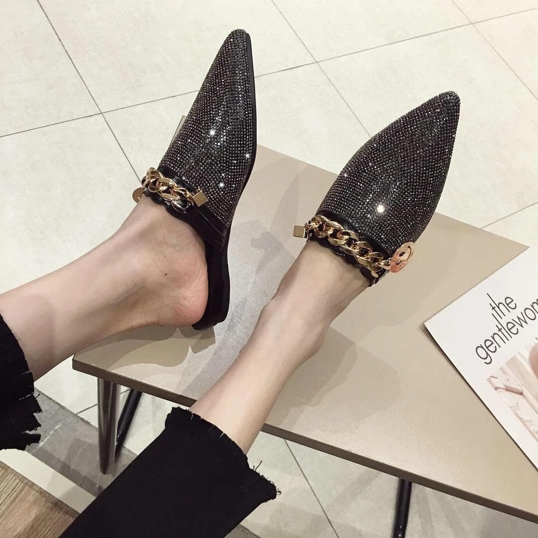 Women Mules Luxury Flats Fashion Loafers Designer Shoes Summer Slippers Pointed Toe Slides Slip on Wedding Casual Ladies Sandals 43 black