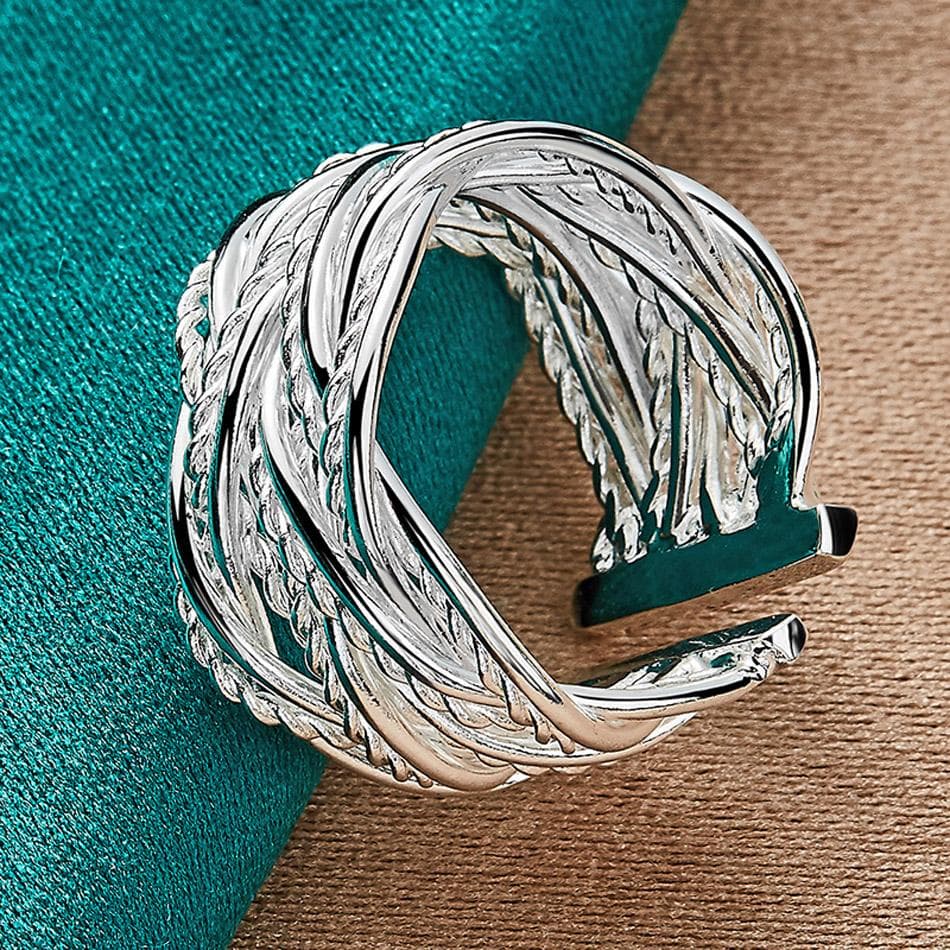 925 Silver Plated Woven Net Adjustable Ring For Women Wedding Charm Engagement Fashion Jewelry Resizable
