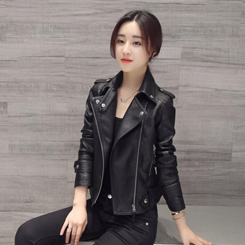 Leather Jacket Women's New Spring and Autumn Women's Short Slim Leather Jacket 3XL black