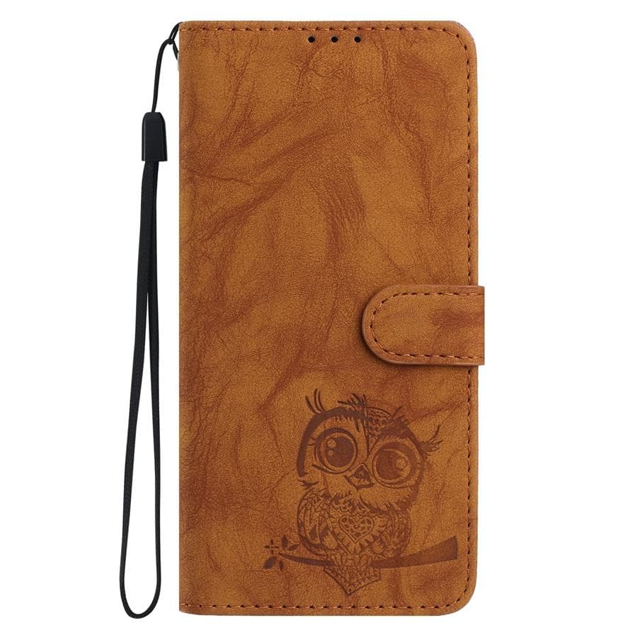 Embossed Owl Phone Case for Xiaomi Redmi Note 14 14S 13 12 12S 11 10 Redmi 14C 13C 12 12C 10C 9C Wrist Strap Wallet Case for Poco C75 C61 M7 X6 Redmi Note 14 Pro 5G brown
