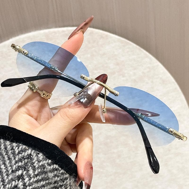 Small Frame Sunglasses for Women Retro Oval Metal Sun Glasses Frameless Cut Edges Fashion Anti Glare Eyewear 1PC