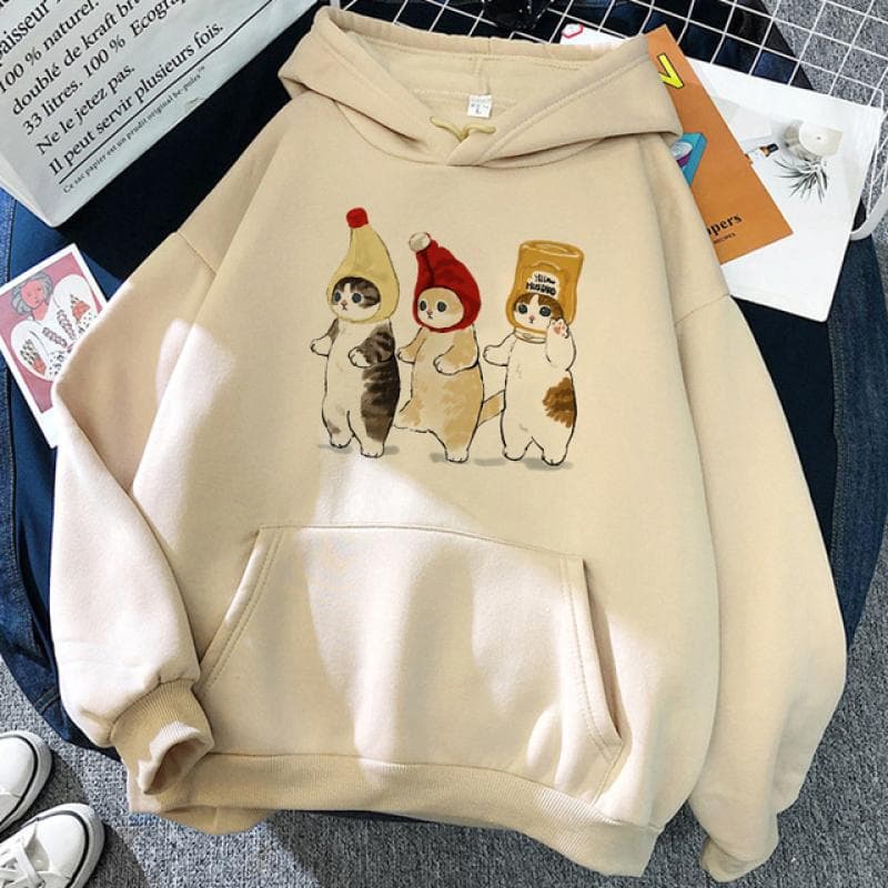 90s Y2k Cute Anime Funny Cartoon Cat Hoodie Women Harajuku Ullzang Kawaii Graphic Cat Sweatshirt Winter Warm Hoody Female 3XL