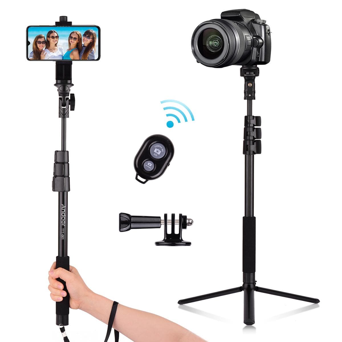 54-inch Extendable Selfie Stick Tripod Stand Aluminum Alloy with Detachable Desktop Tripod black