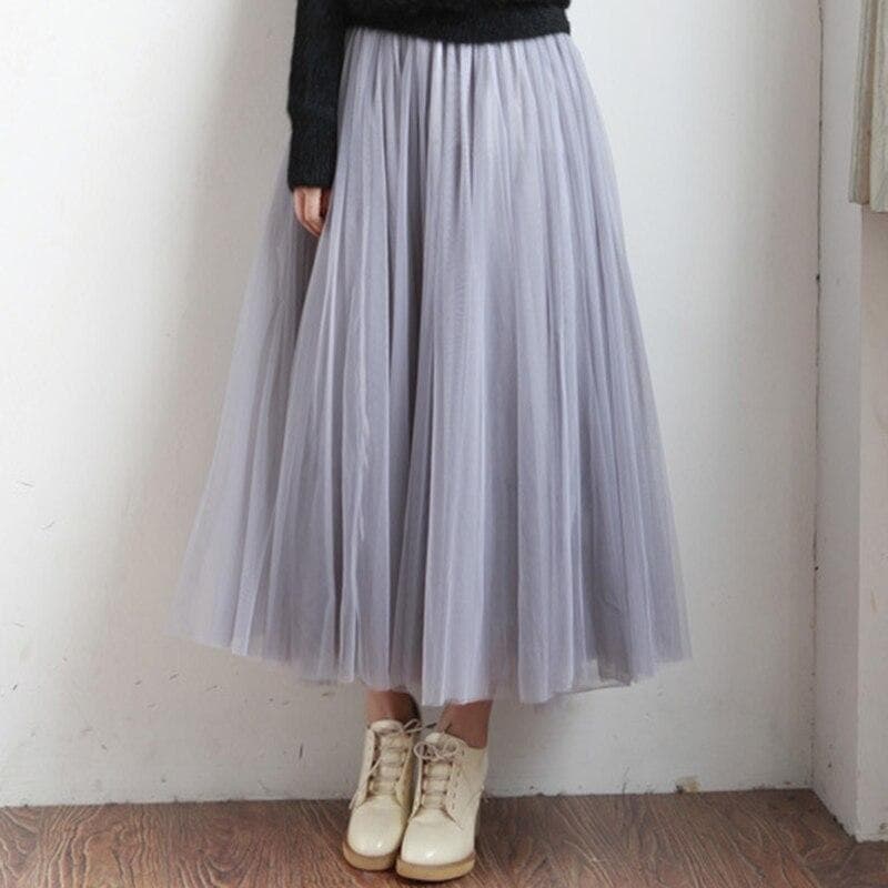 Elastic Waist 3 Layers Mesh Long Tulle Skirt Spring Autumn Elegant Vintage High Waist Ball Gown Gauze Tutu Skirt XL grey