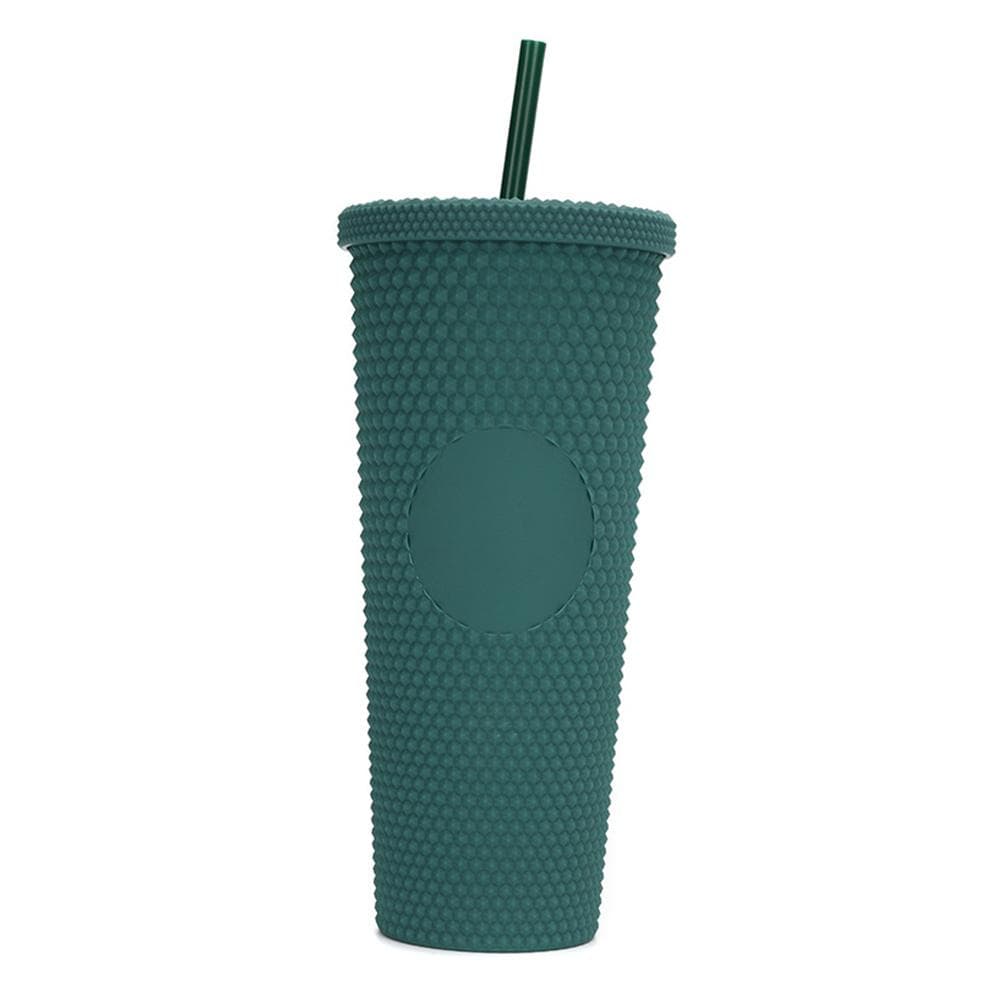 710ML/24OZ Large Capacity Water Cup Fully Studded Matte Tumbler Reusable Plastic Cup with Wide Opening Leak-Proof Lid Straw dark green