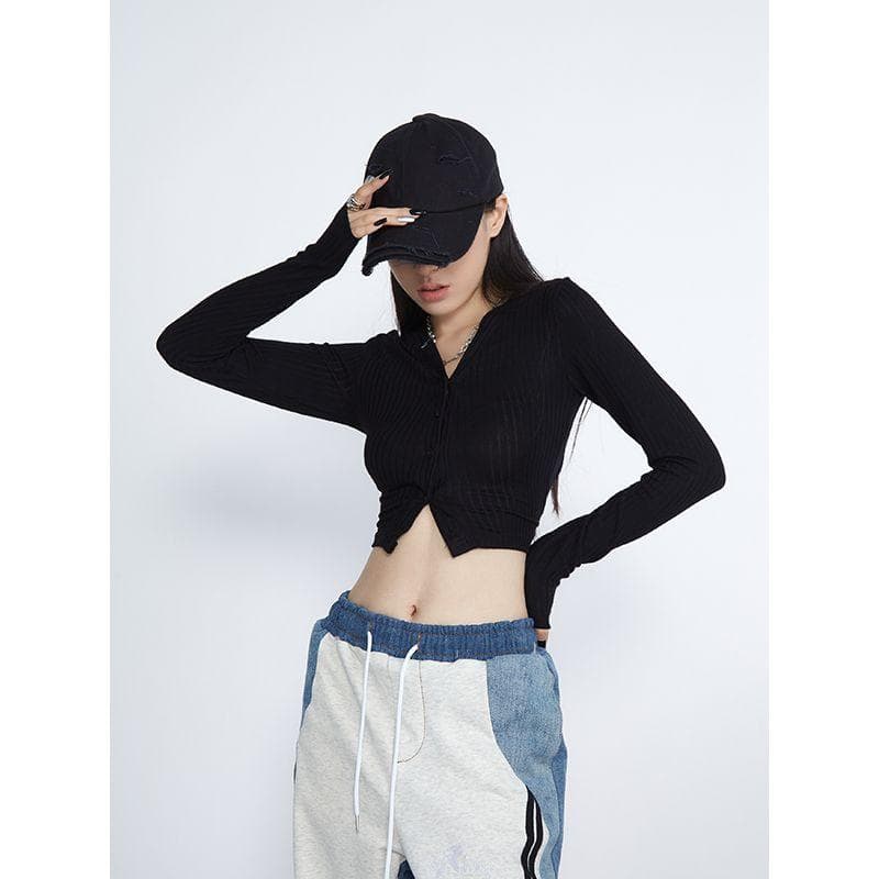 Women Crop Top Summer Long Sleeve Corset Y2k Tops Tanktop Navel Tie Thin Black T-Shirt Ladies Gothic Sexy Clothes L black