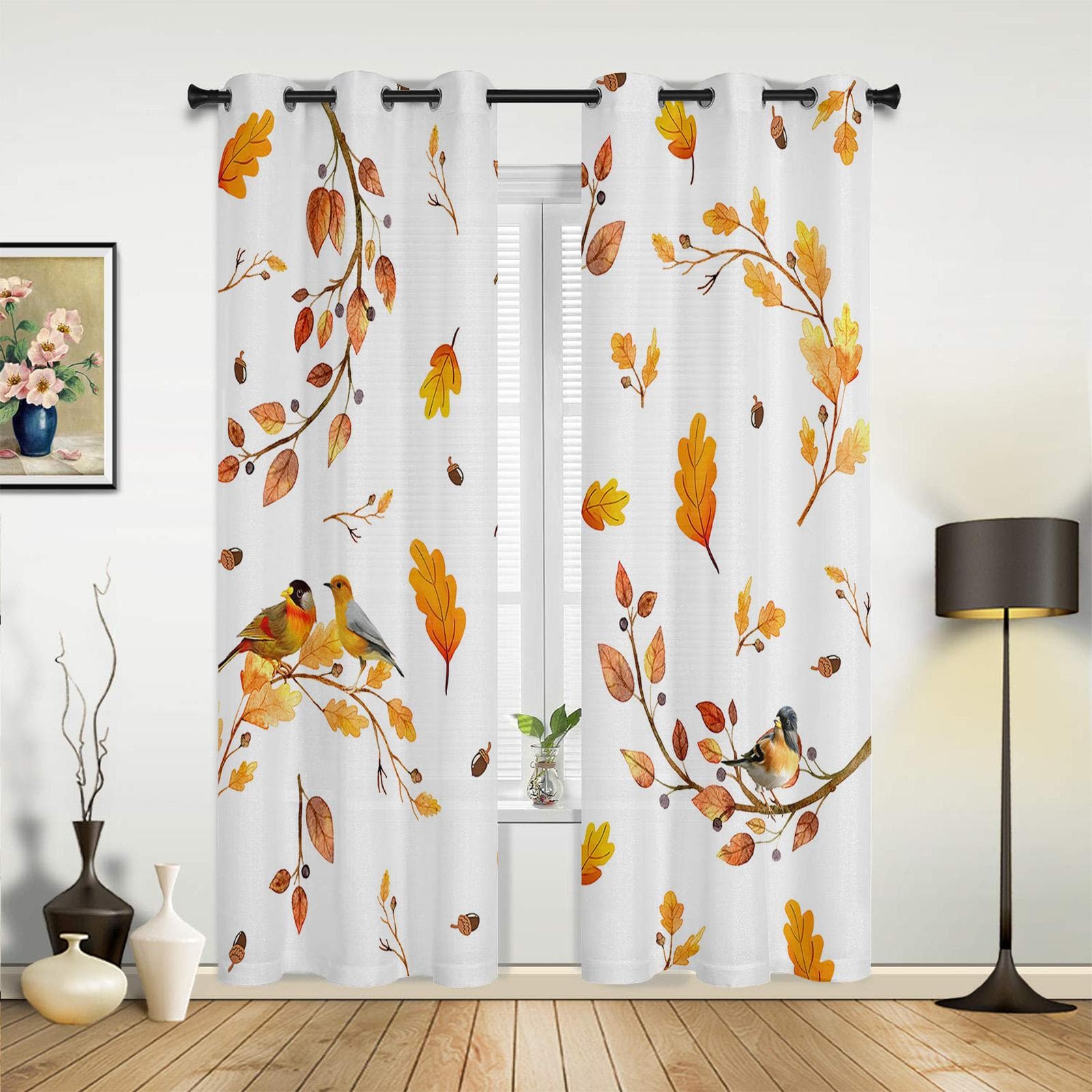 Autumn Leaf Bird Fruit Curtains for Bedroom Living Room Window Curtain Treatments Blinds Kitchen Home Decor Drapes 135W x 60H(cm) x1