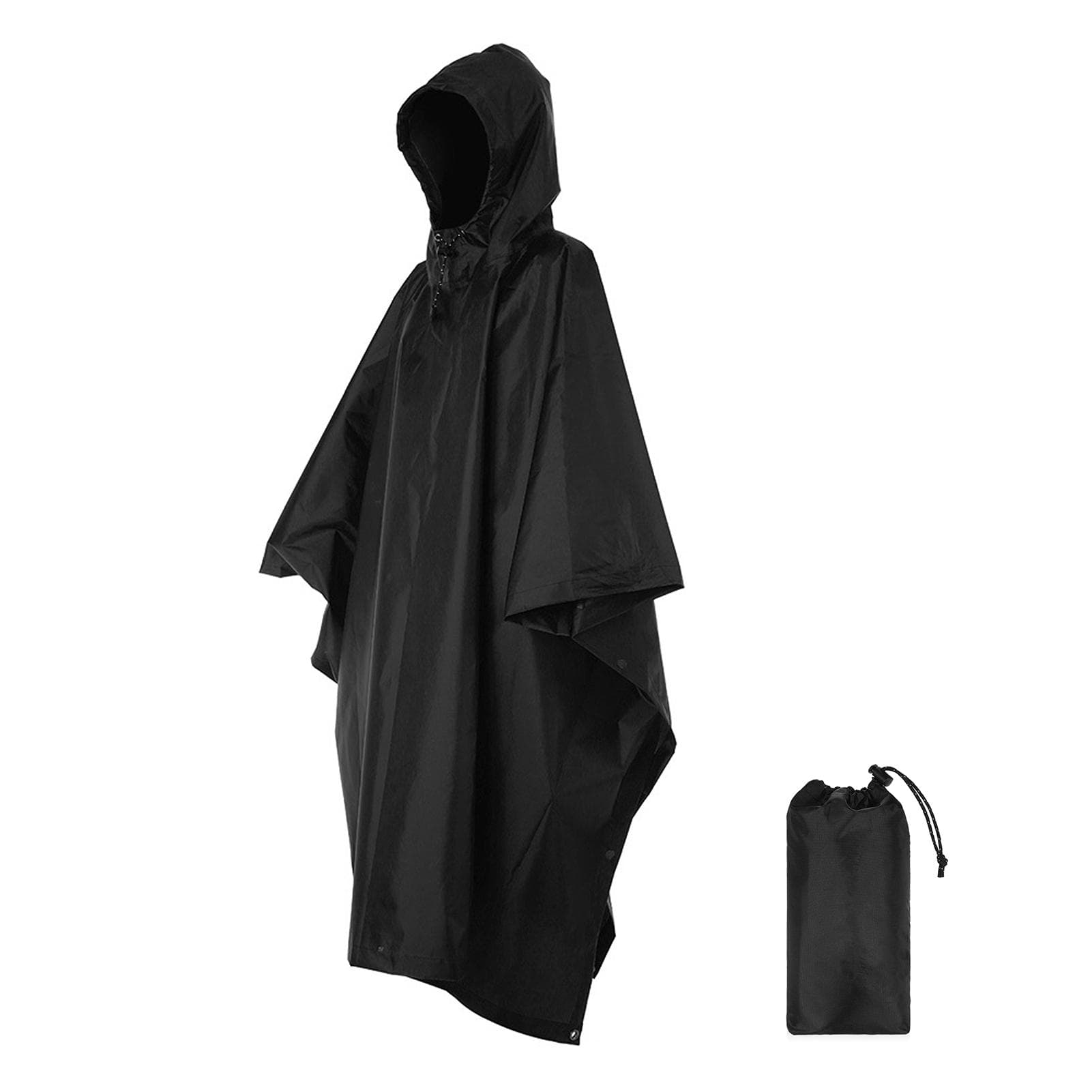 3-in-1 Waterproof Rain Poncho Lightweight Hooded Rain Coat Picnic Mat Blanket Sun Shelter for One size black