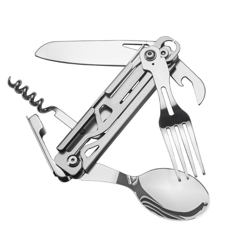 Outdoor Folding Tableware Stainless Steel Portable Knife Fork Camping Cutlery Spoon Bottle Opener Outdoor Tool Kit