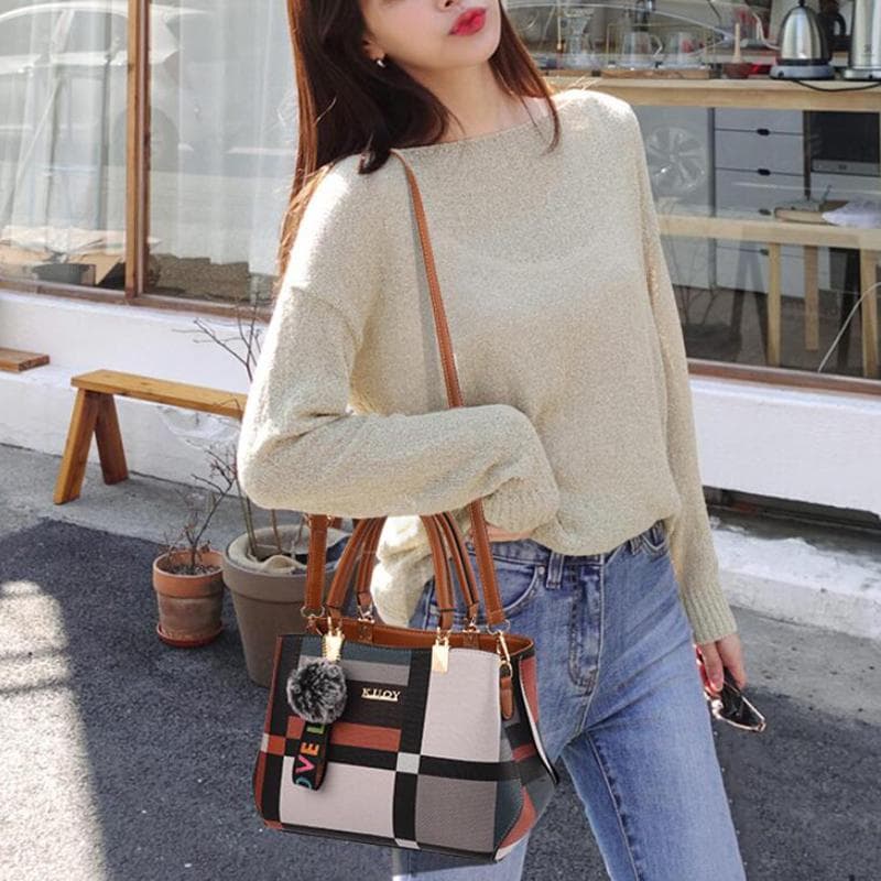 Fashion Patchwork Women Shoulder Bag Ladies Leather Crossbody Bag Messenger Bags Handbag Buckets Large Capacity Woman Totes 28x15x20cm brown