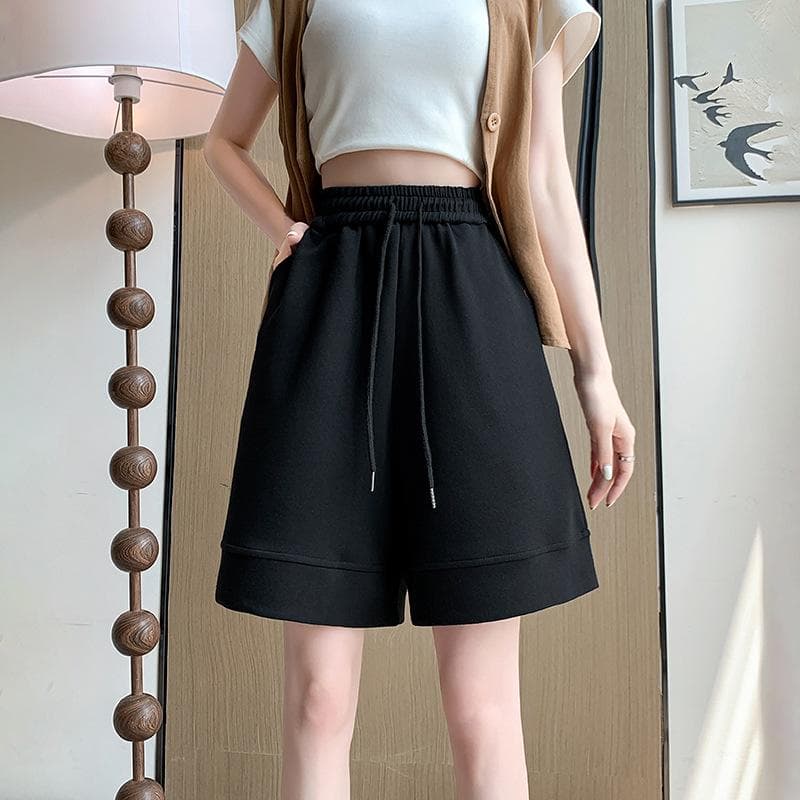 Sports Short Sweatpants Women's Loose Casual and Thin Drawstring Pockets Wide-leg Five-point Pants 2XL black