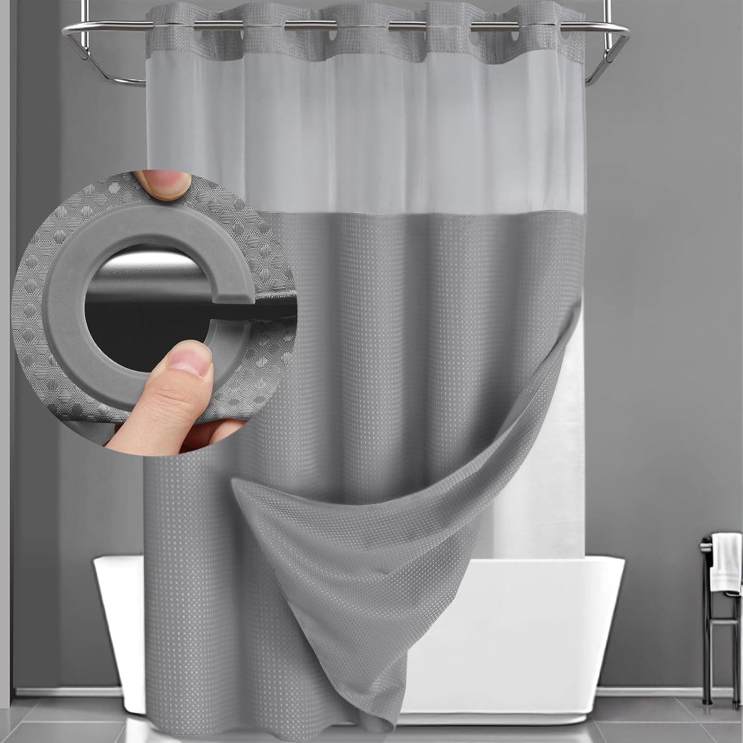 Hookless Shower Curtain Set Double (with Liner) Removable White Shower Curtain 183*190cm grey