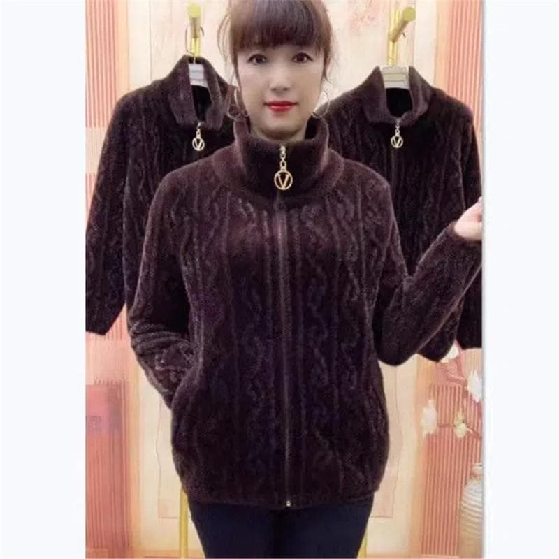 Middle Aged Elderly Mother Imitation Mink Velvet Coat Autumn Winter Thicken Knitted Cardigan Sweater Women Casual Zipper Jacket XXXL