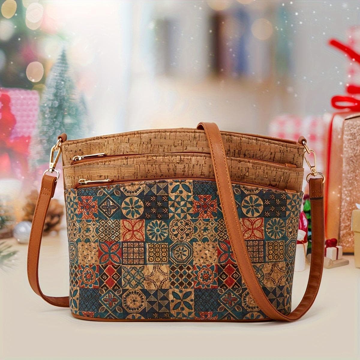 Boho-Chic Vintage Floral Print Crossbody Bag for Women - Light Brown Faux Leather, Zip Closure, Polyester Lined, Tree Bark Pattern, Shoulder Bag olive