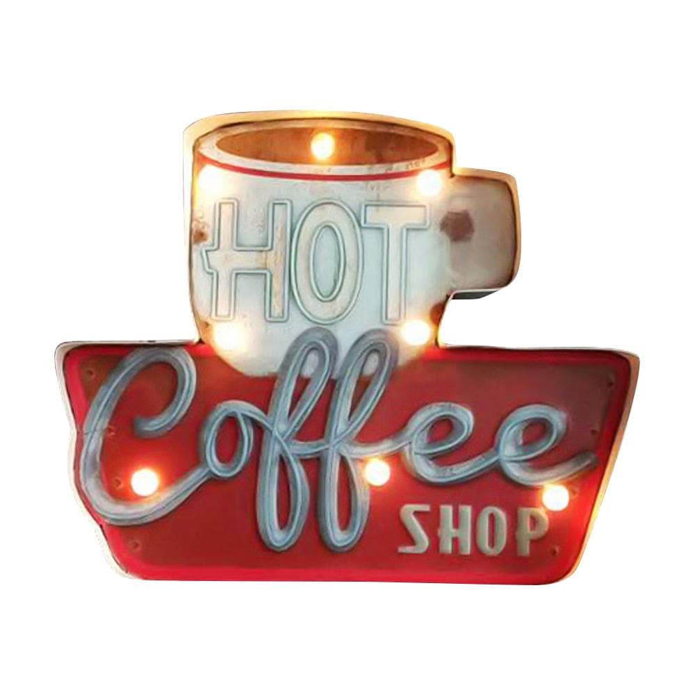 Coffee Shop Embossed Metal Sign Coffee Bar Vintage Decor Sign with LED Lights Metal Wall multicolour