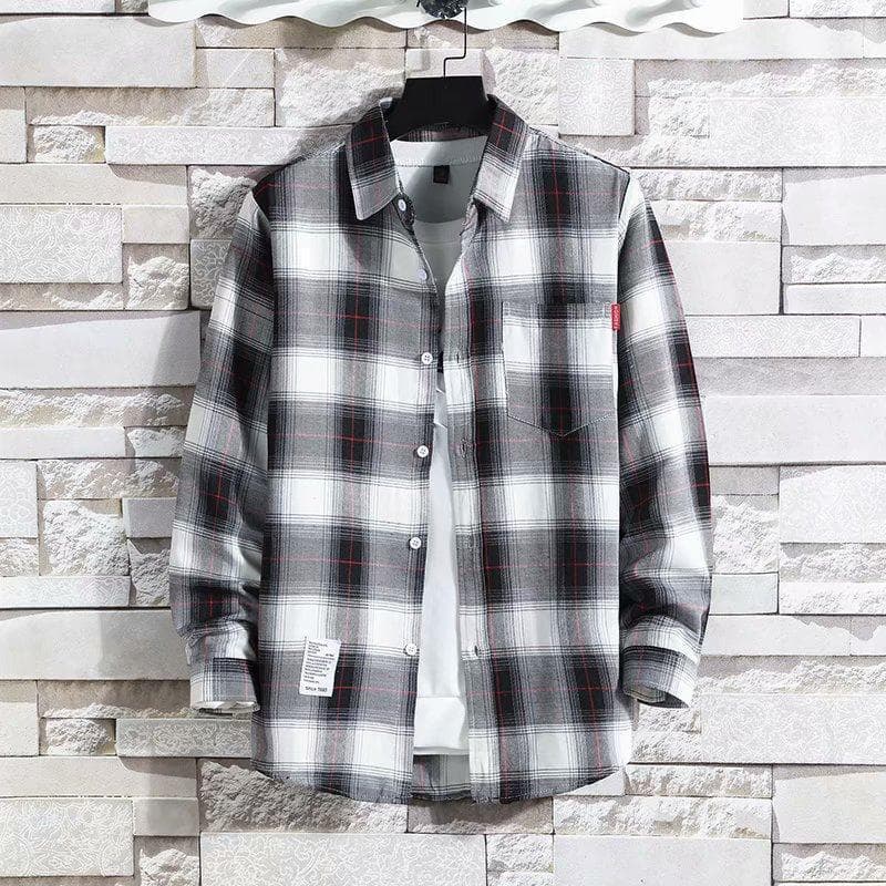 Plaid Men's Long-Sleeve Shirt - Trendy Korean Hong Kong Style L