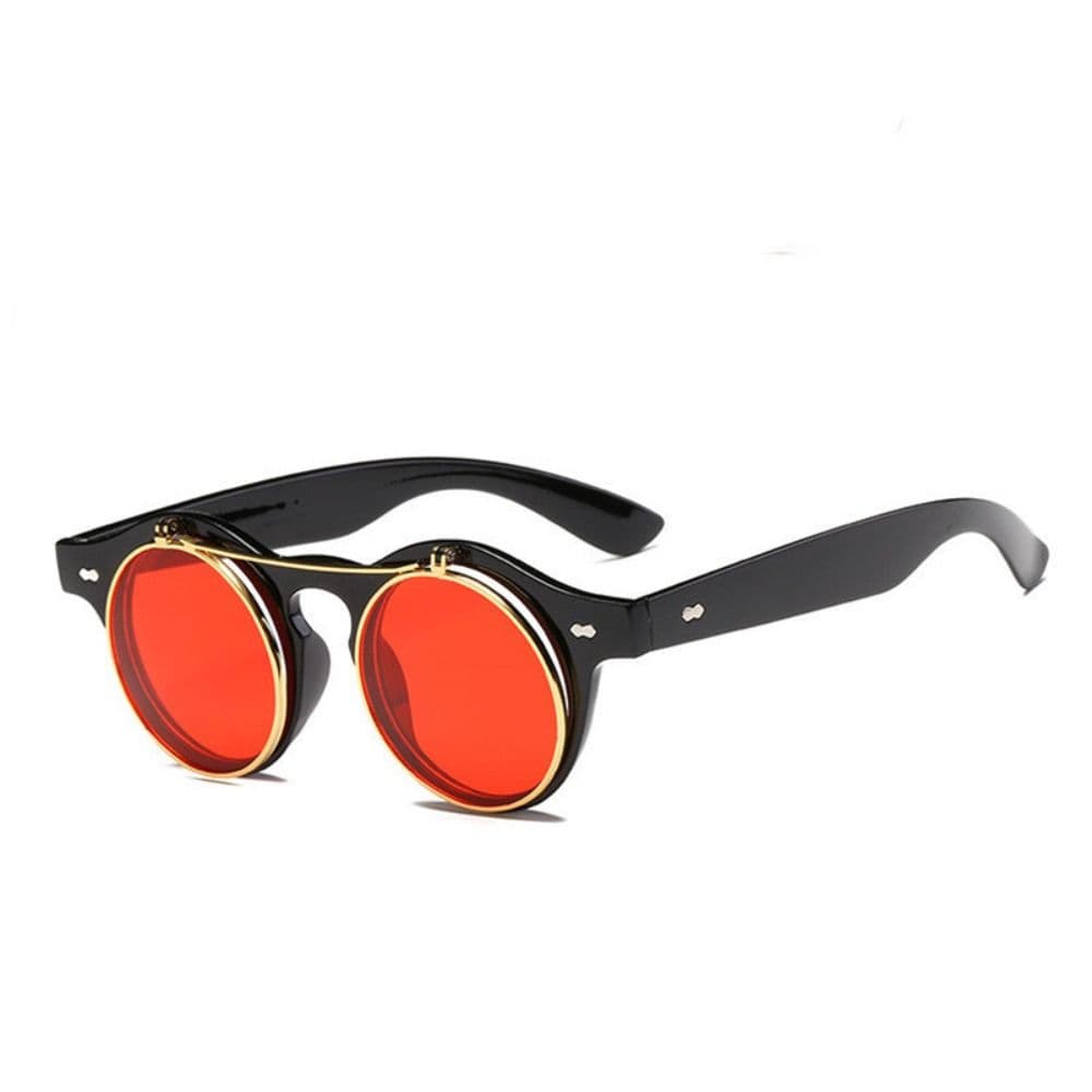 Retro Round Frame Flip Cover Sunglasses Sun-Protective Outdoor Punk Double Layer Black Shades Glasses