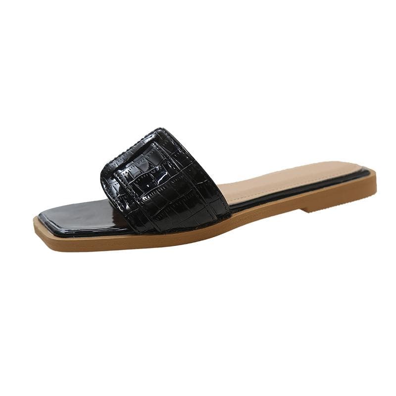 Leisure Fashion PU Slippers Casual Flat Shoes Female Women Slides Luxury Soft Microfiber Rome 42 black