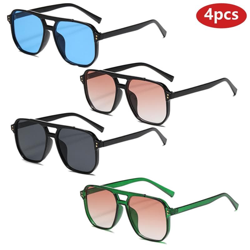 4pcs Double Bridge Square Men Sunglasses Fashion Large Frame Sun Glasses Colorful Lens Protective Eyewear Casual