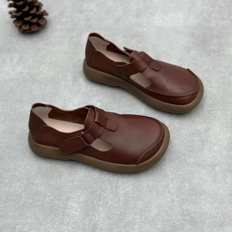 Handmade Genuine Leather Women's Shoes for Spring and Summer Round Toe Velcro Flat Flat Casual Cowhide Single Shoes 37 coffee
