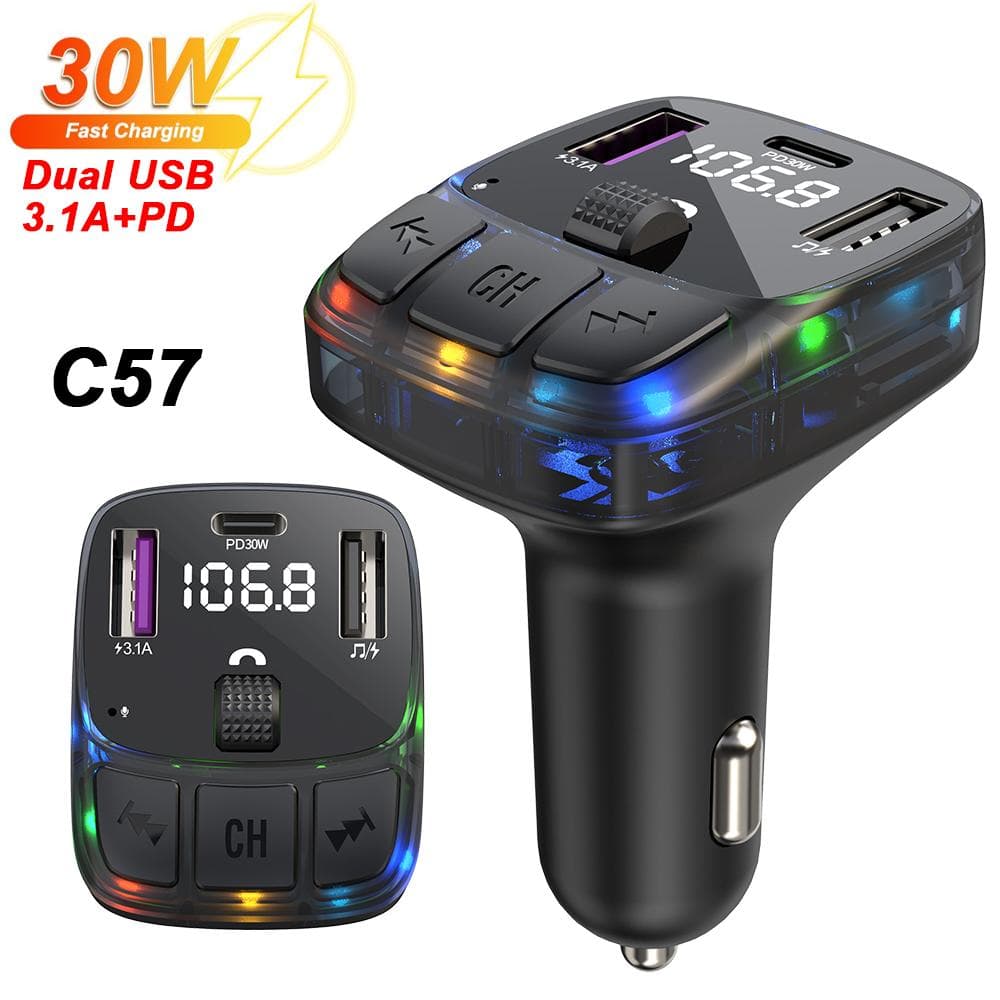 Bluetooth 5.3 Car FM Transmitter PD 30W Dual USB 3.1A Type-C Fast Charger Handsfree Call Car Kit Mp3 Player Receiver FM Modulator Support TF U Disk C57
