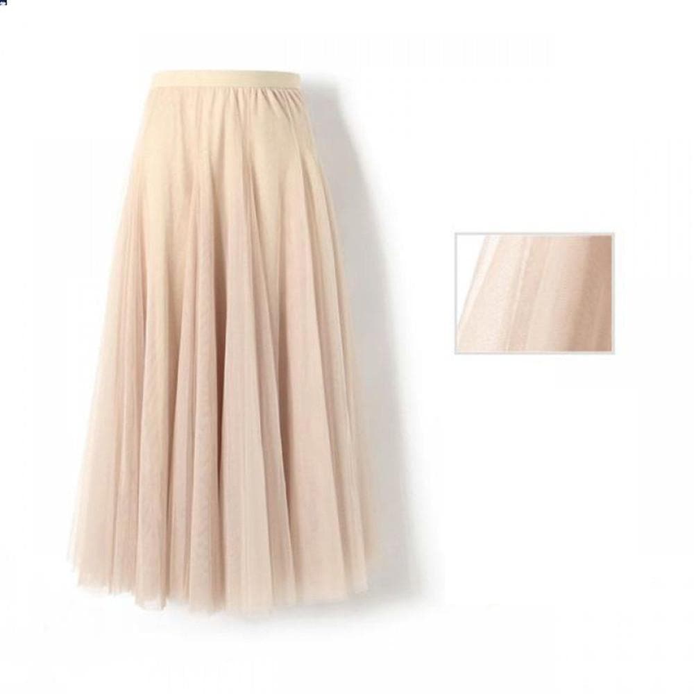 New Women Mesh Elastic Tutu Skirt Beach Spring Summer Korean High Waist Fashion Pleated Long Skirt Black White Tulle Skirts 75cm apricot