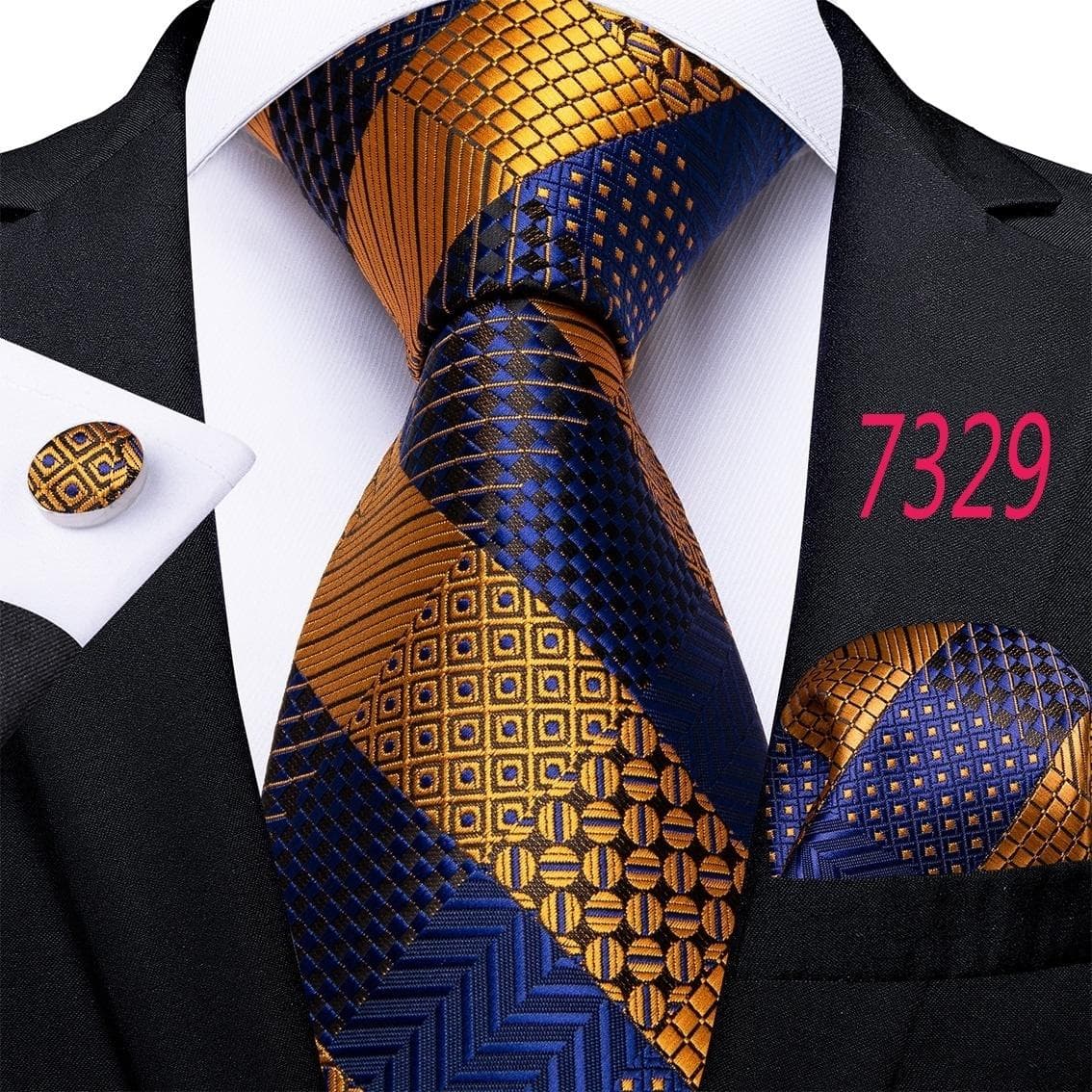 Luxury Gold Yellow Men's Necktie Set Striped Paisley Ties Silk Hanky Cufflinks for Business Set N-7329