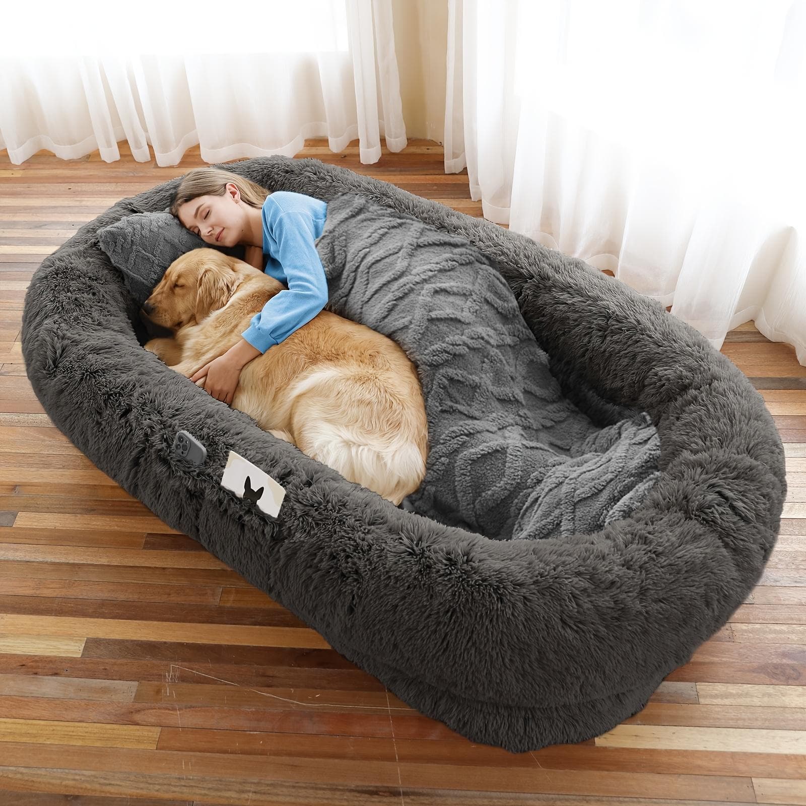 Cozy Human-Sized Dog Bed for All Breeds - 71 x45 x12 Faux Fur Pet Lounger with Non-Slip Base, Washable, Includes Plush Pillow & Blanket - Grey 5XL dark gray