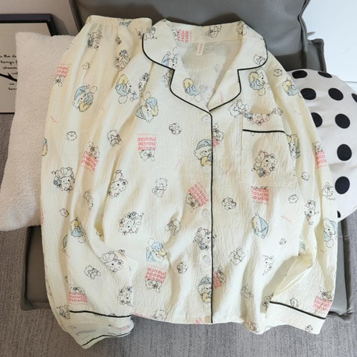 Striped Plaid Flower Print Sweet Cute Women's Pajamas Set Sleepwear Korean All-match Two-piece Pajamas Set Autumn New Homewear M