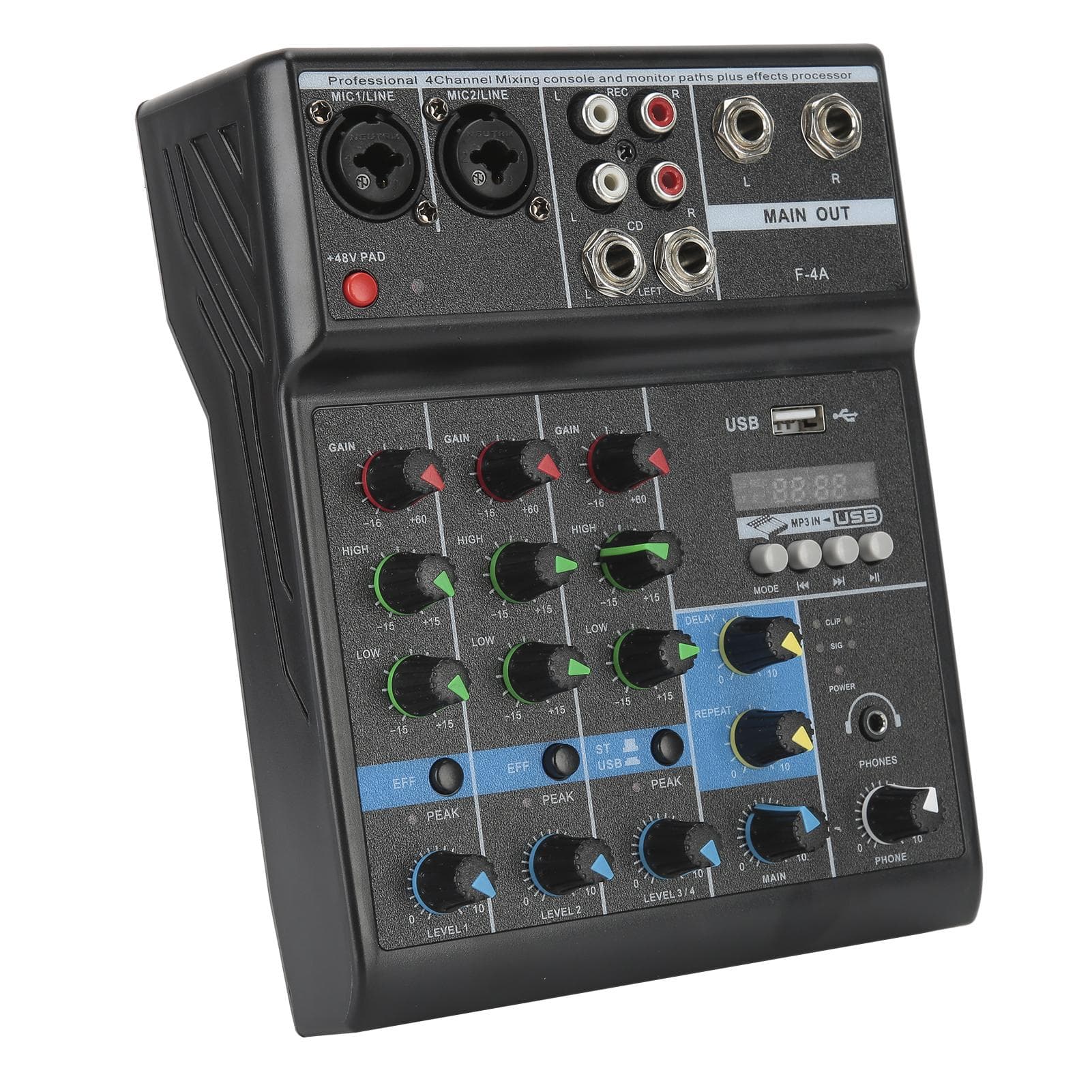 4 Channel o Mixer USB Stereo Mixing Console with Sound Card for Home Computer Stage EU Plug